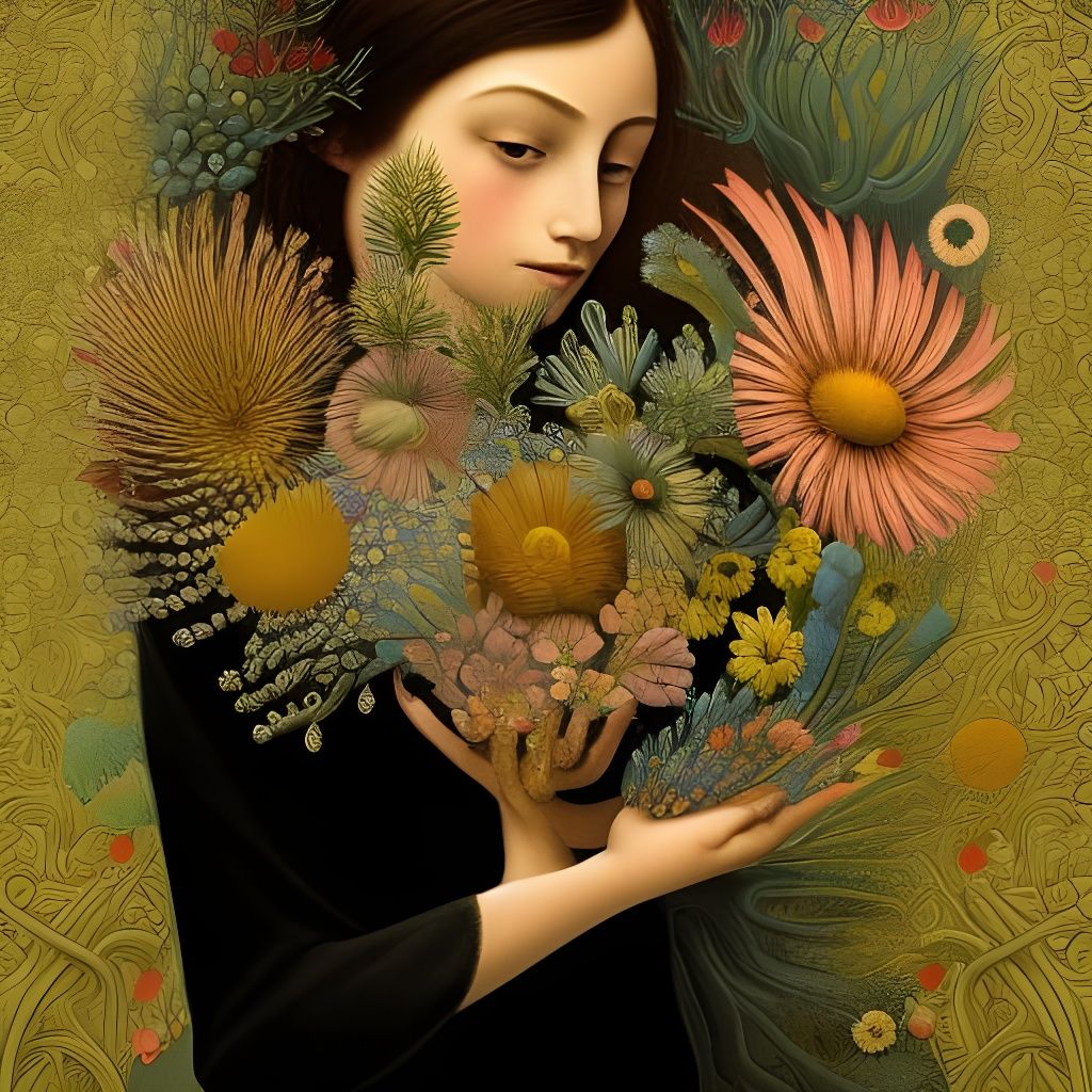 Girl with Flowers: Intricate Botanical Art