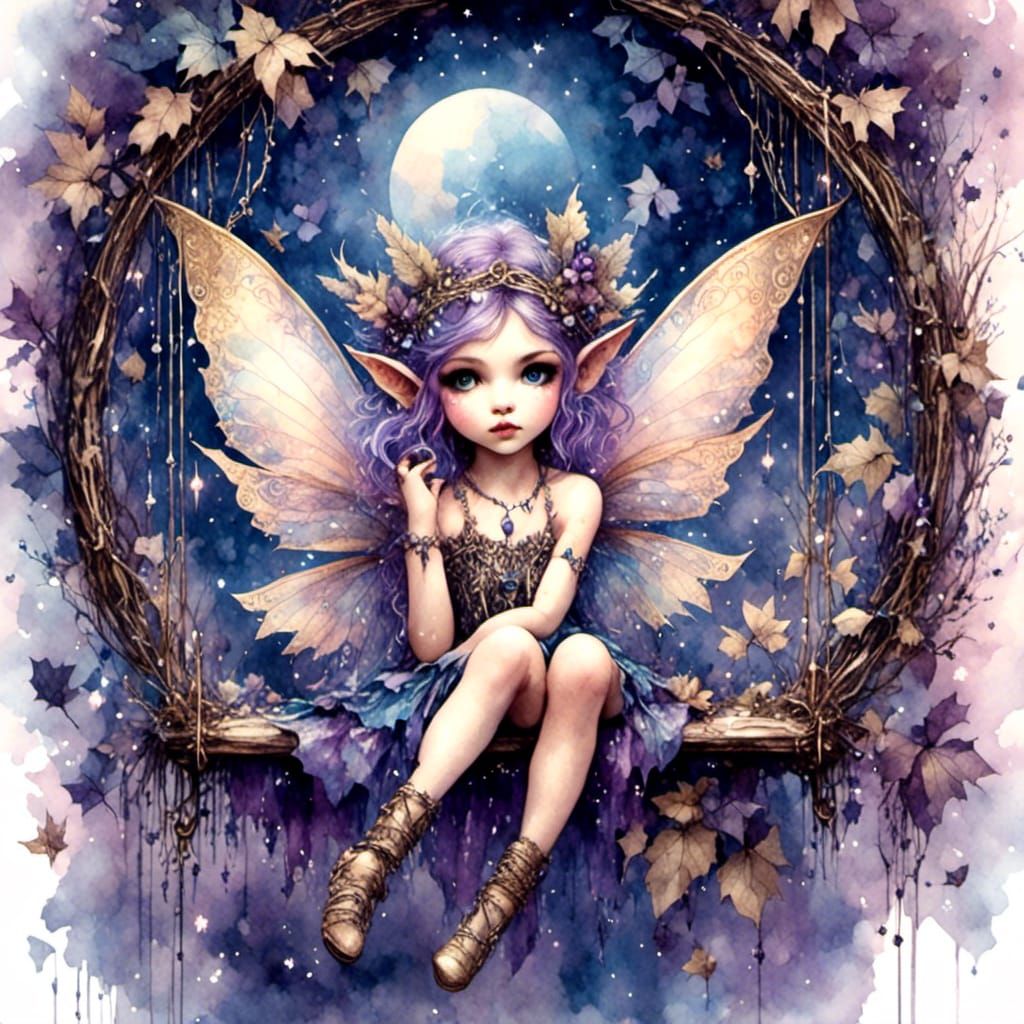 Chibi Fae on a Swing in Enchanted Forest