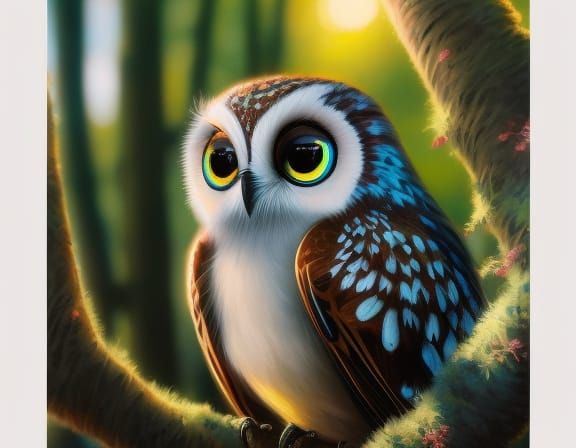Cute Owl Portrait in Enchanting Forest, Impressionistic Styl...