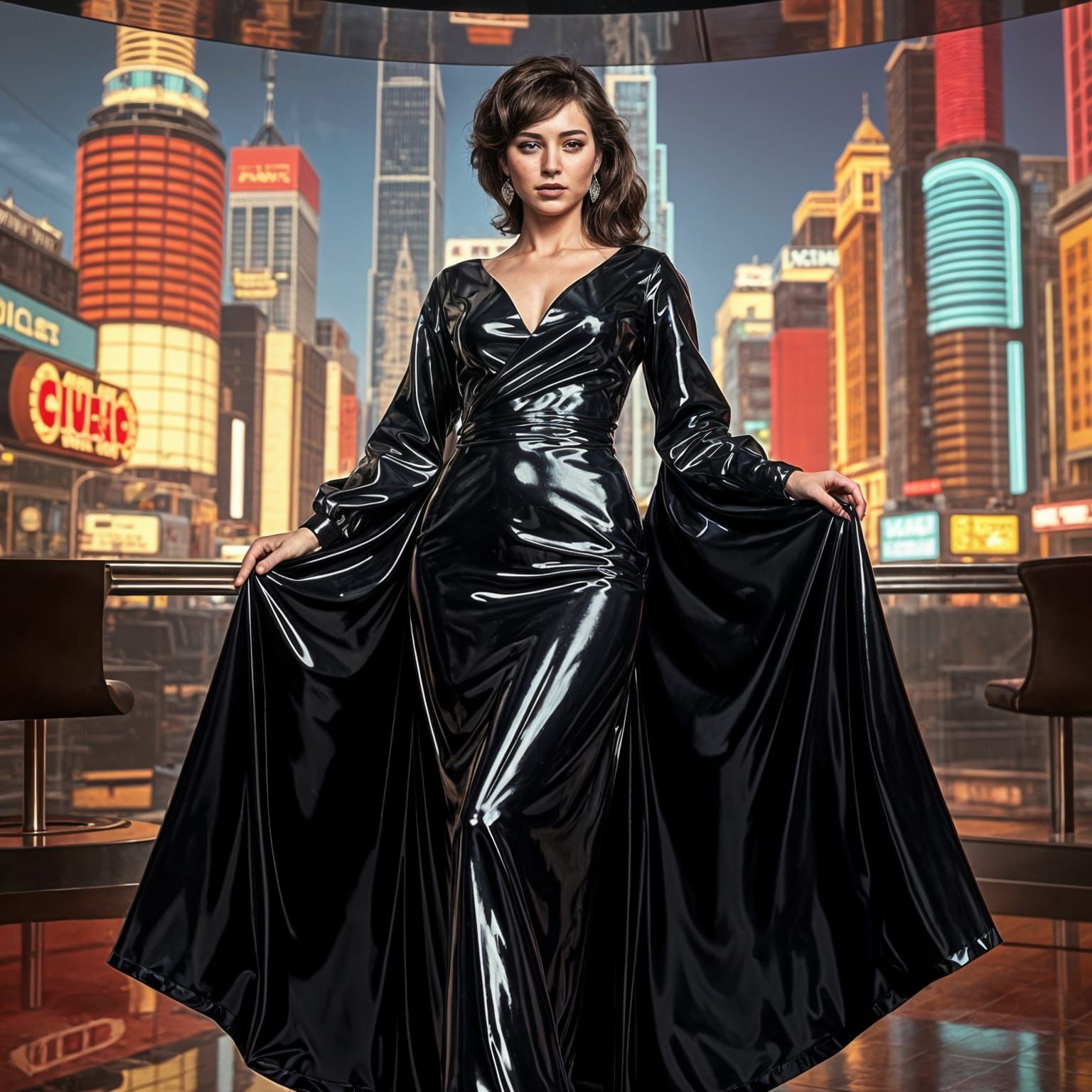 Hyperrealistic Woman in 1970s High Gloss Vinyl Gown