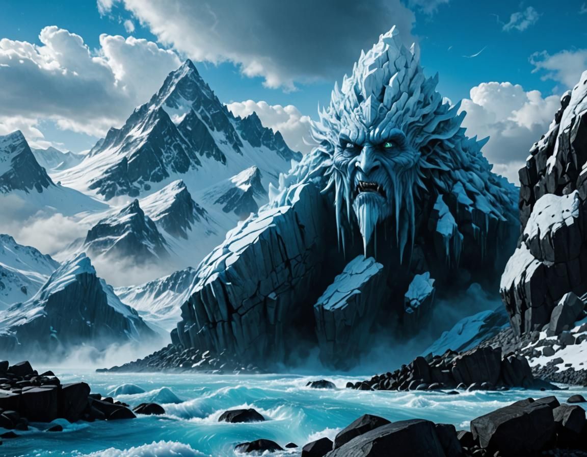 Frost Giants Emerge from Blue Mountain Landscape