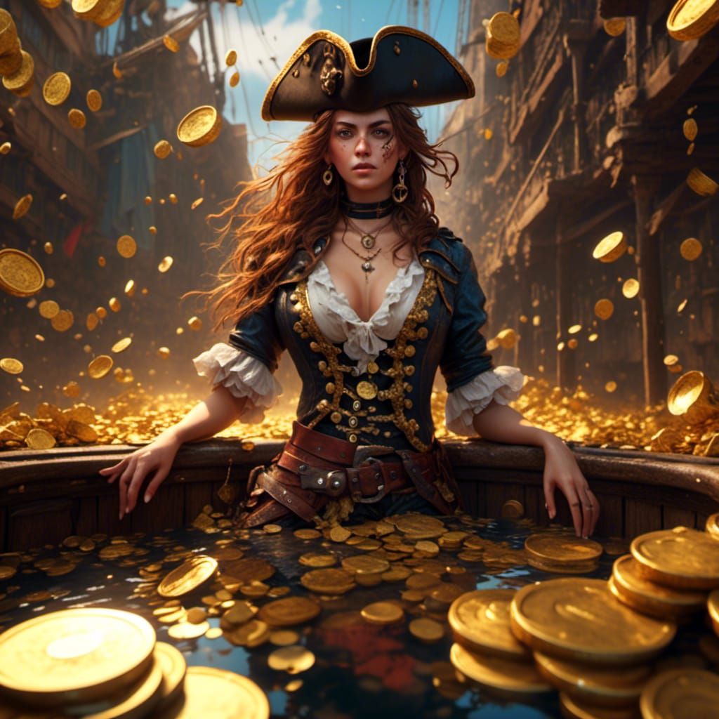 Pirate Woman Bathes in Gold Coins