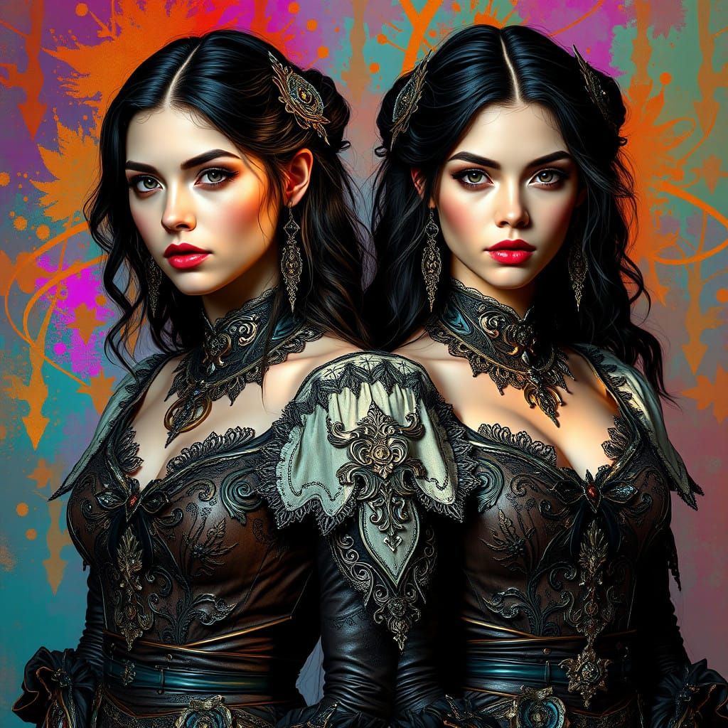 Fantasy Twin Sisters Pose in Elegant, High-Fantasy Attire