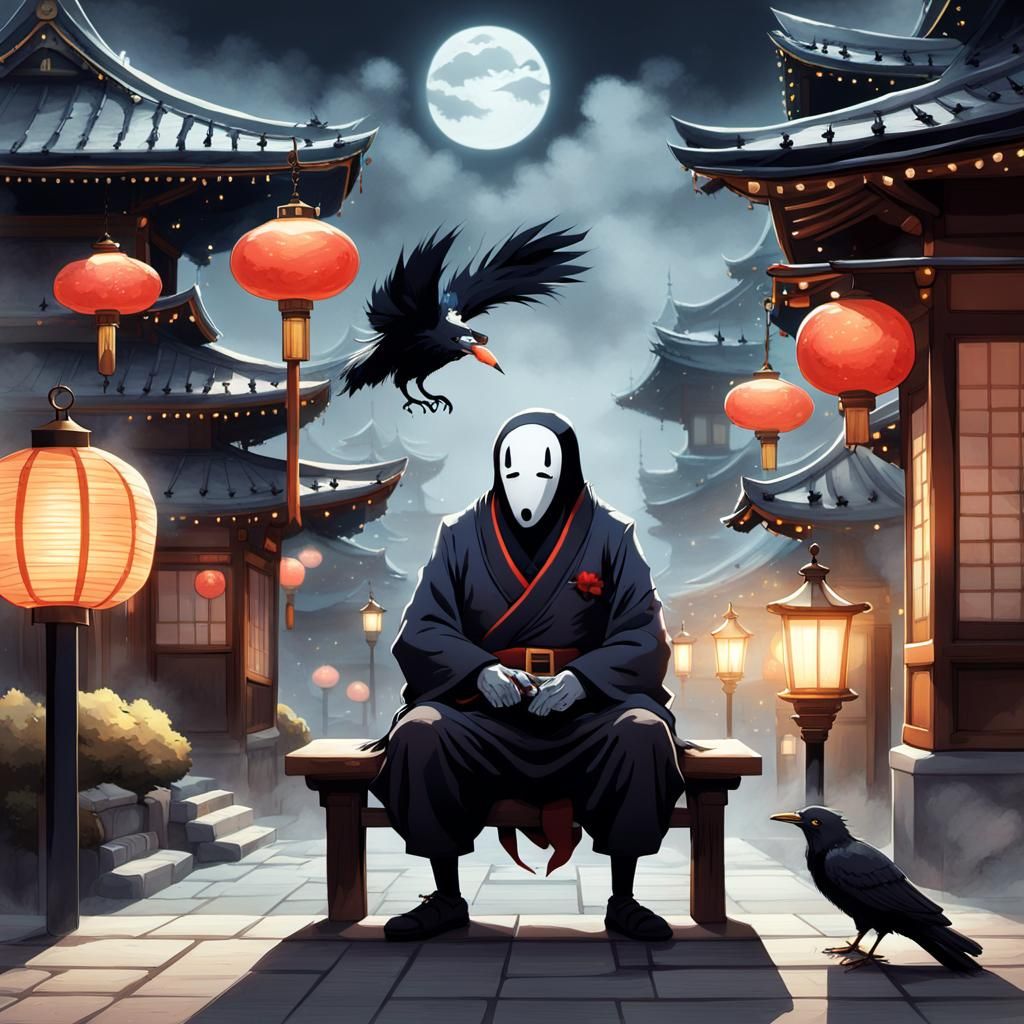 Whimsical Miyazaki-Inspired Fantasy Scene with No-Face and B...