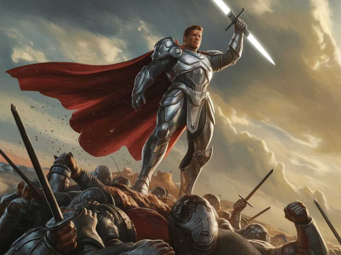 Victorious Futuristic Knight Raises Sword