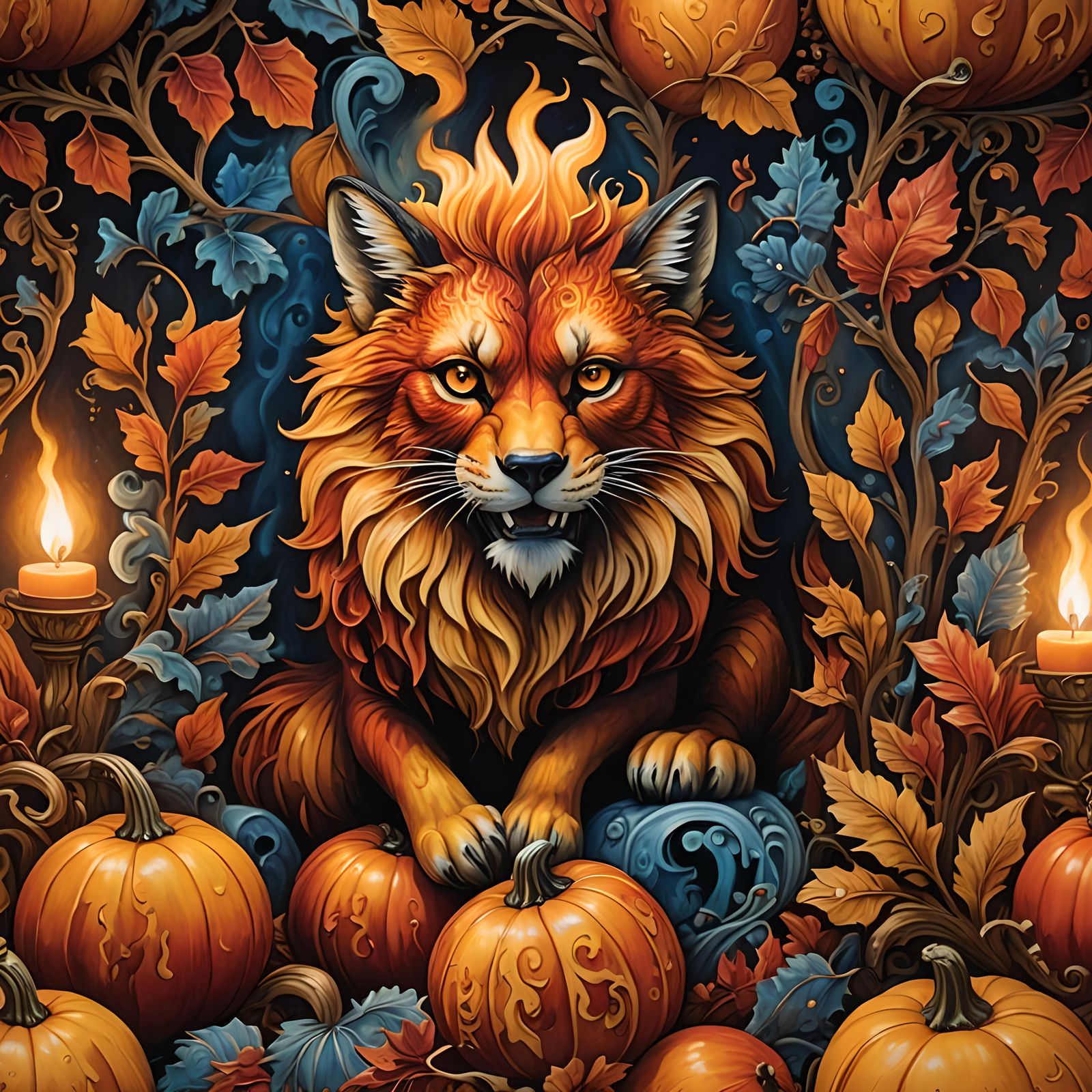 Hyperdetailed Carved Fire Fox Gourd in Autumn