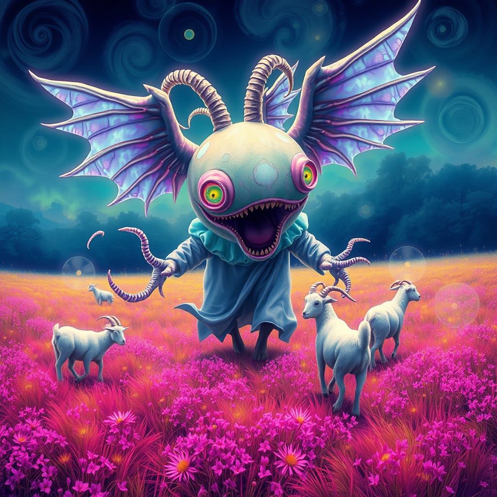 Otherworldly Creature Plays with Goats in Dreamlike Meadow