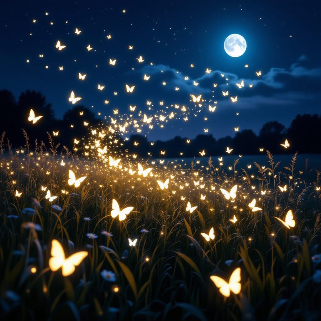 Glowing Butterflies in Dark Meadow, Light Trails in Night Sk...