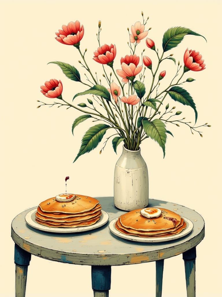 Pancakes and Flowers Still Life in Artistic Style