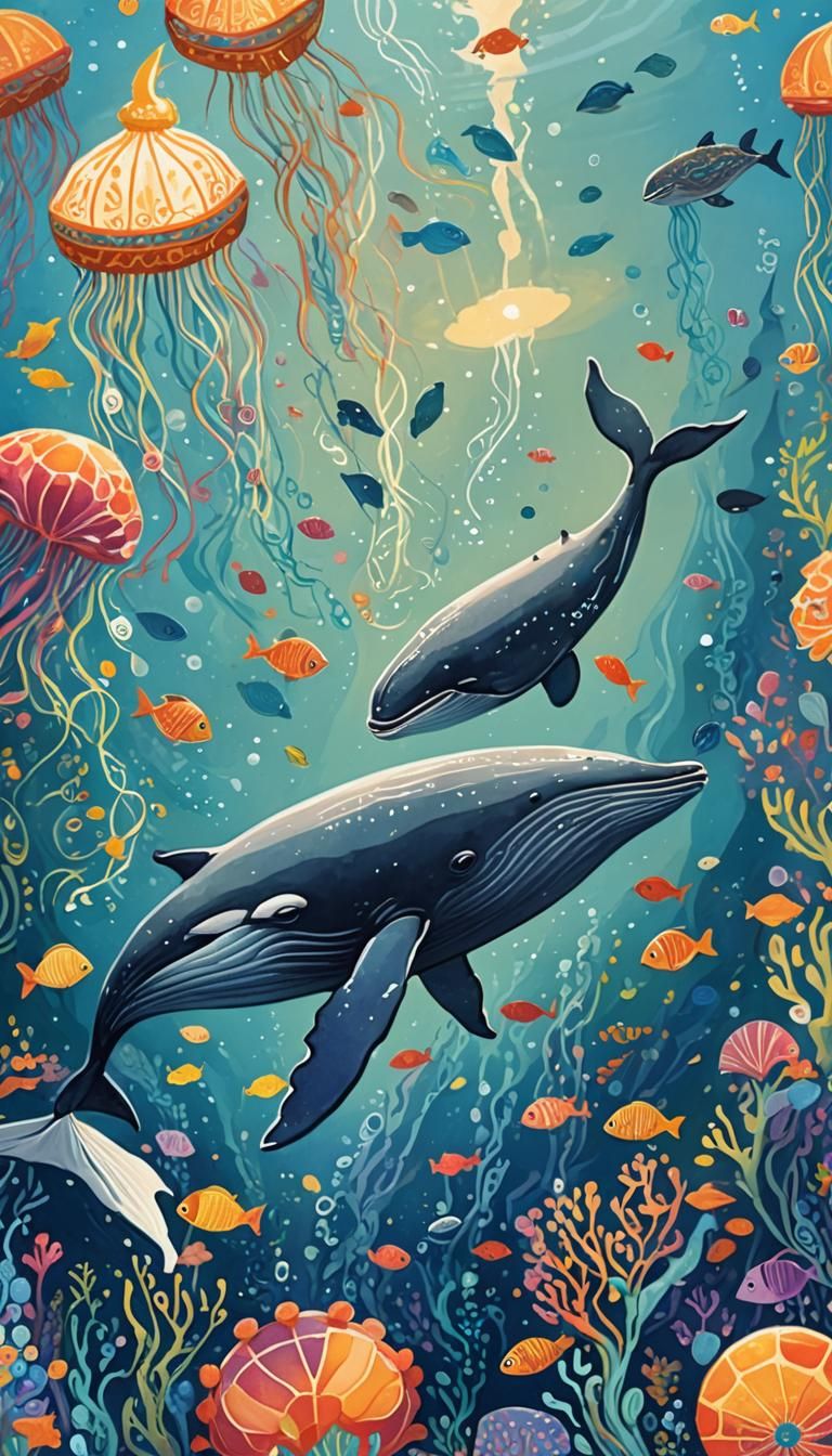 Whimsical Whale Carrying Book in Deep Ocean Gouache