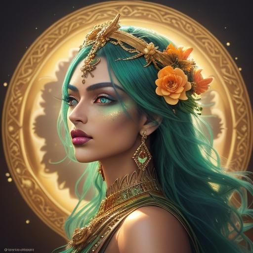 Golden Woman with Peacock Hair, Digital Art