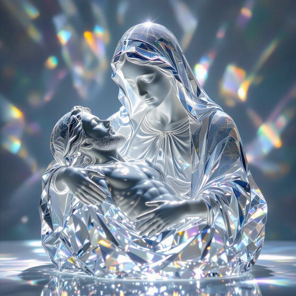 Crystal Sculpture of La Pieta with Ethereal Glow