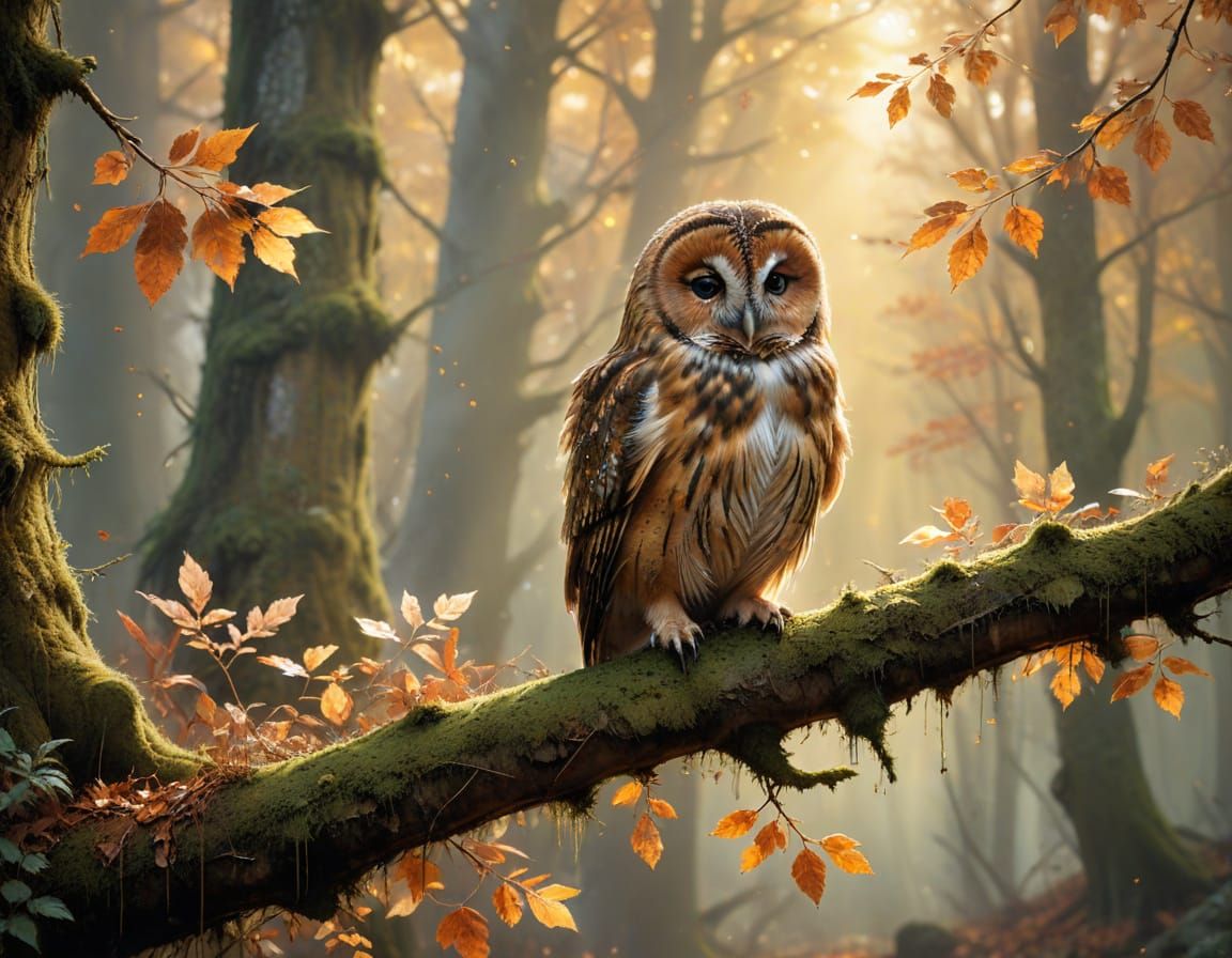 Tawny Owl in Autumn Forest: Watercolor Style