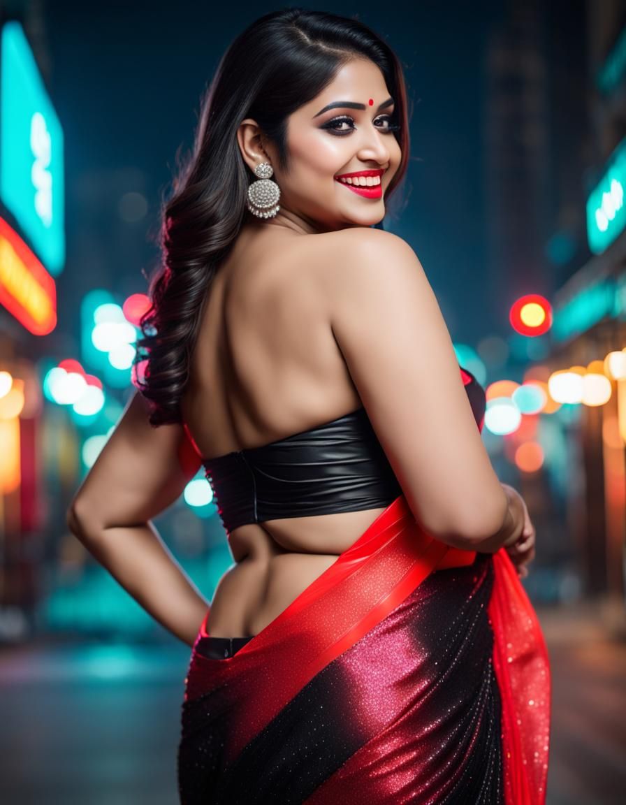 Curvy Woman in Neon City Nightscape