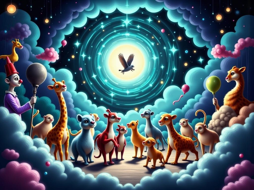Whimsical Flying Circus Characters Dancing Into Event Horizo...