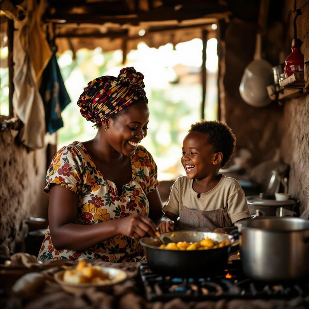 African Mother and Son Share Joyful Moment in Humble Home