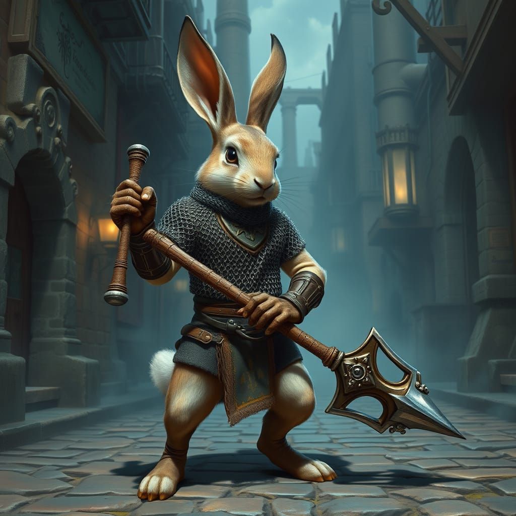 Rabbit Knight Guard in Medieval City