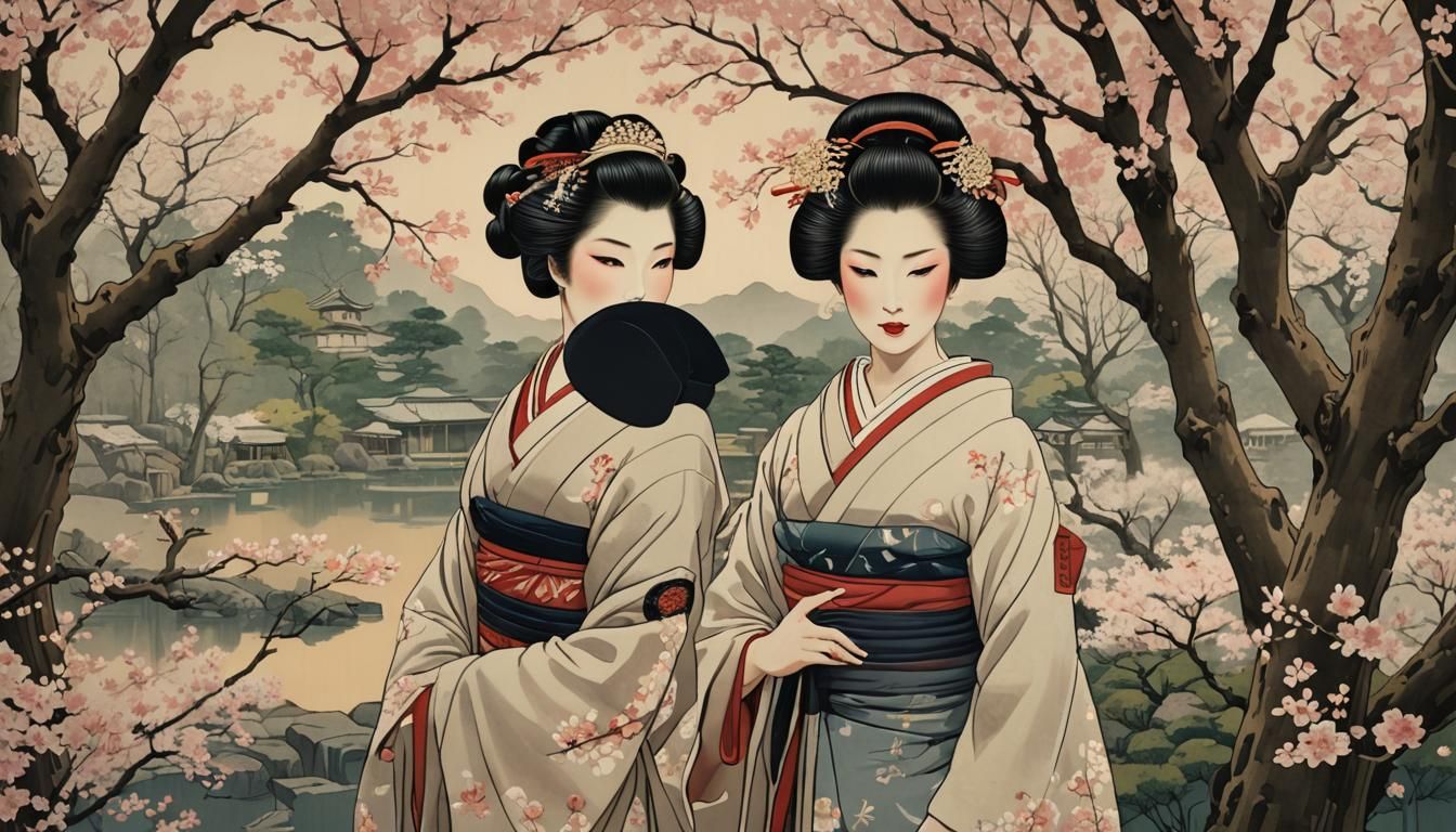 Geisha in Cherry Garden: Ukiyo-e Style Japanese Art