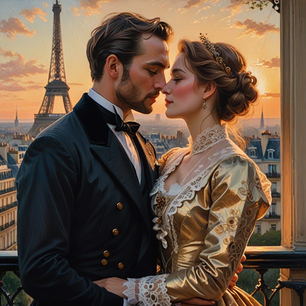 Couple's Tender Moment on Parisian Balcony, Impressionistic ...