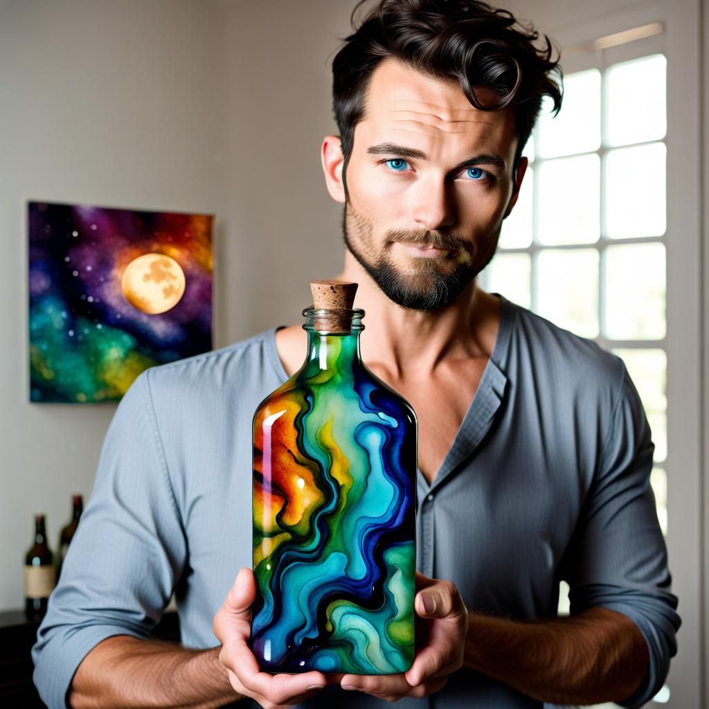 Proud Man Holds Otherworldly Alcohol Ink Bottle