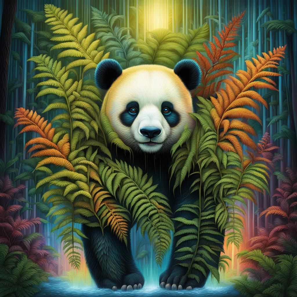 Rainbow Panda and Biomechanical Fern in Hattori Style