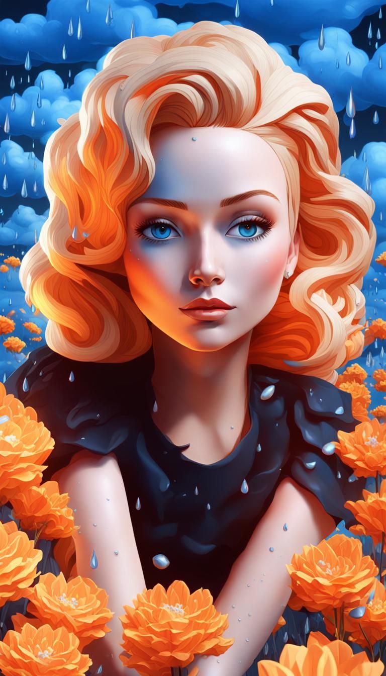 Woman with Umbrella in Mucha-Style 3D Landscape