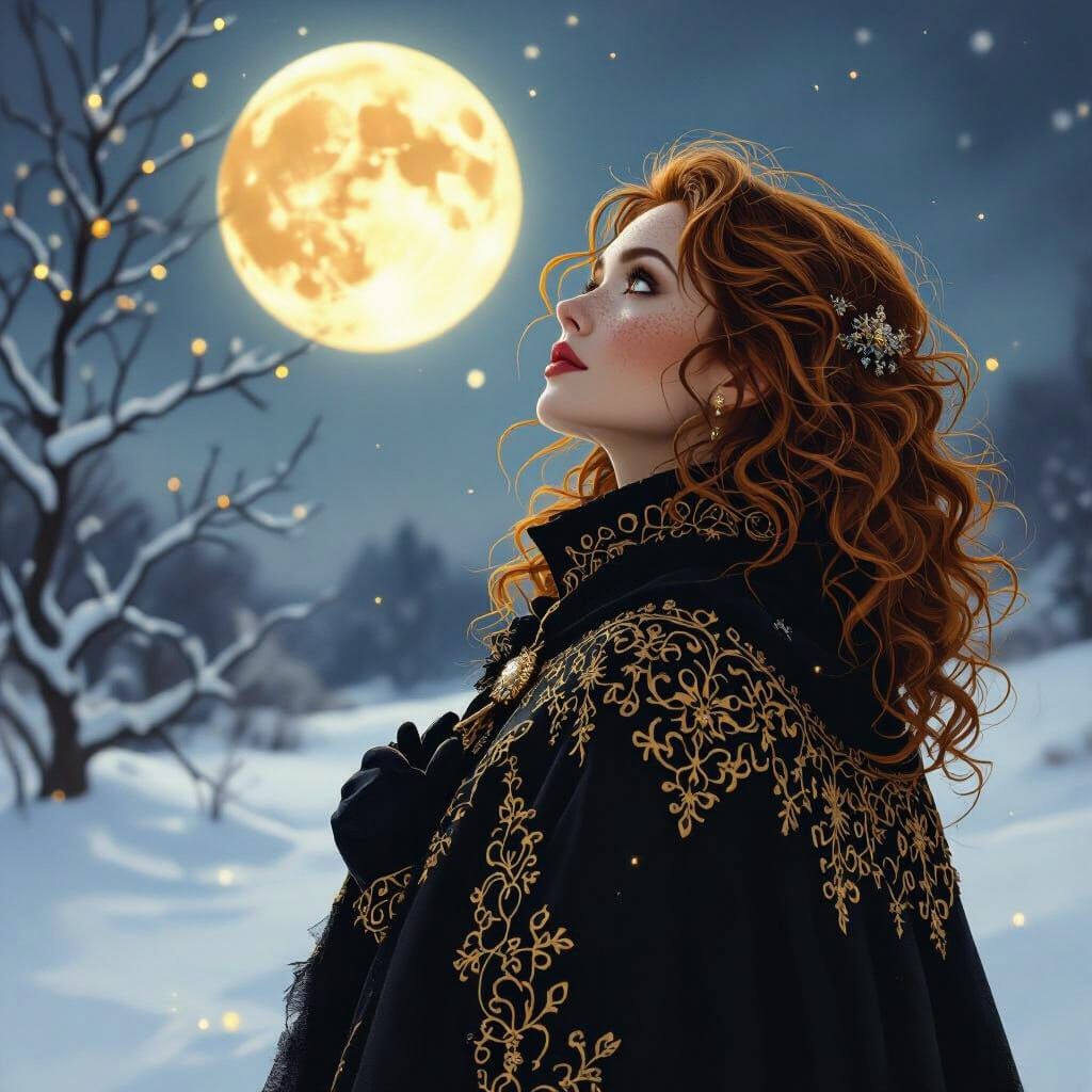 Woman in Filigree Cloak Gazes at Moonlit Snowscape