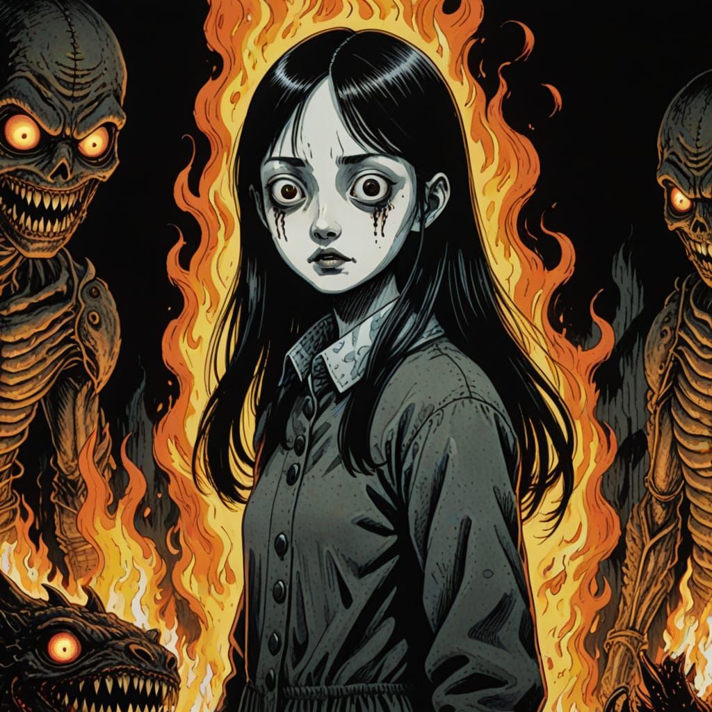 Surreal Horror Scene with French Doll Girl in Flames