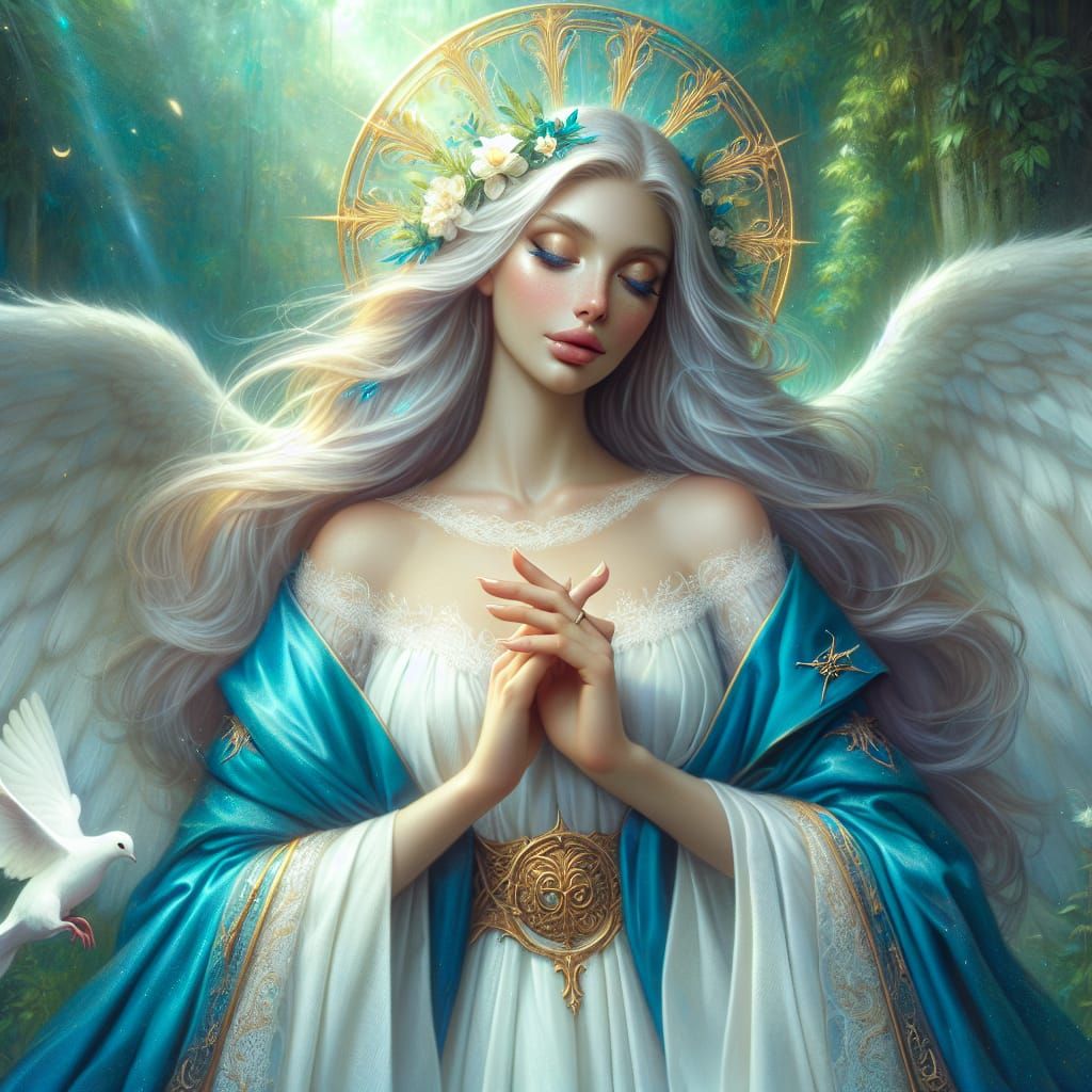 Fantasy Holy Mary in Emerald Forest with Doves