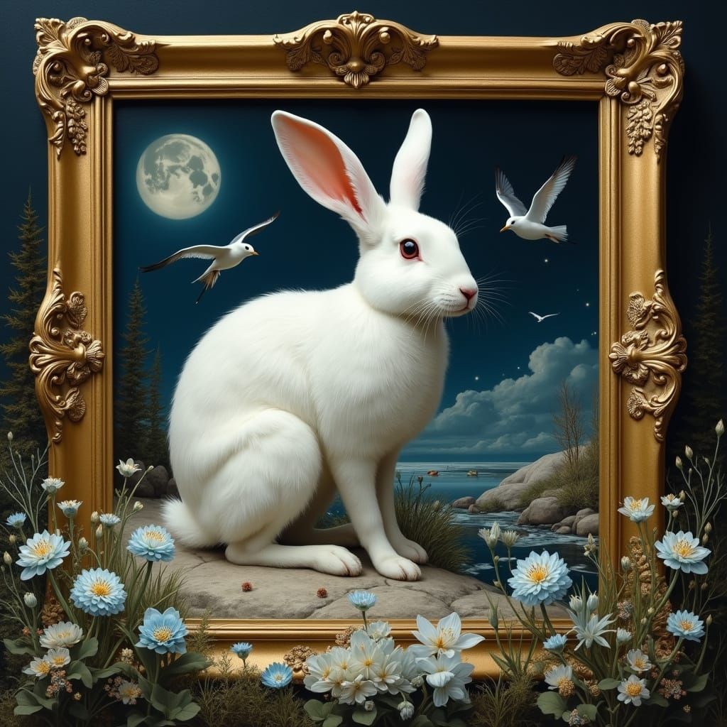 Arctic Hare in Baroque Frame Under Moonlight