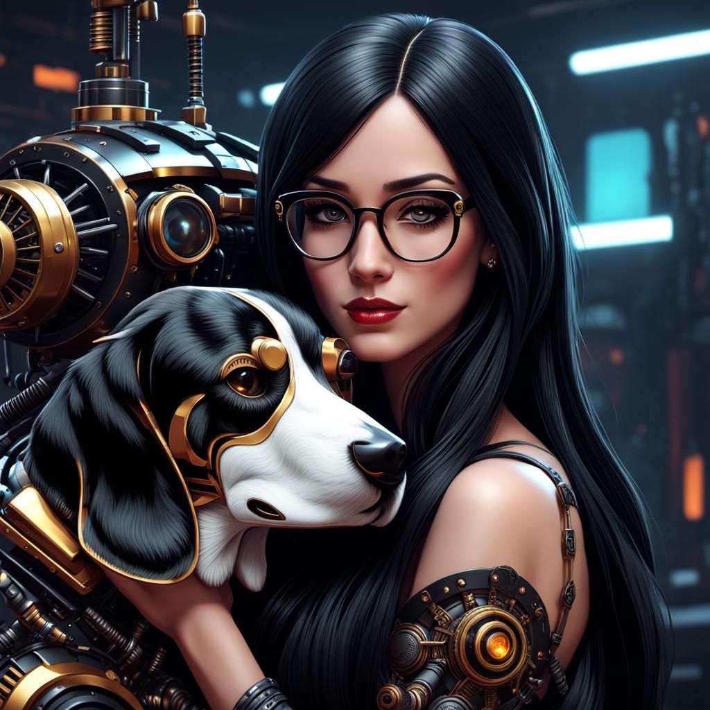 Beagle Cuddles Girl in Cyberpunk Vector Art