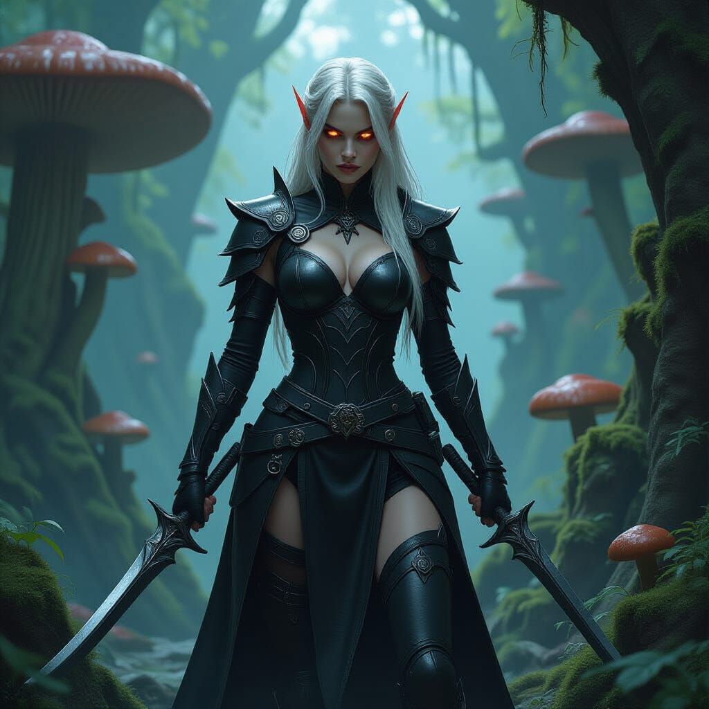 Drow Huntress in Underground Forest, Dark Fantasy Art