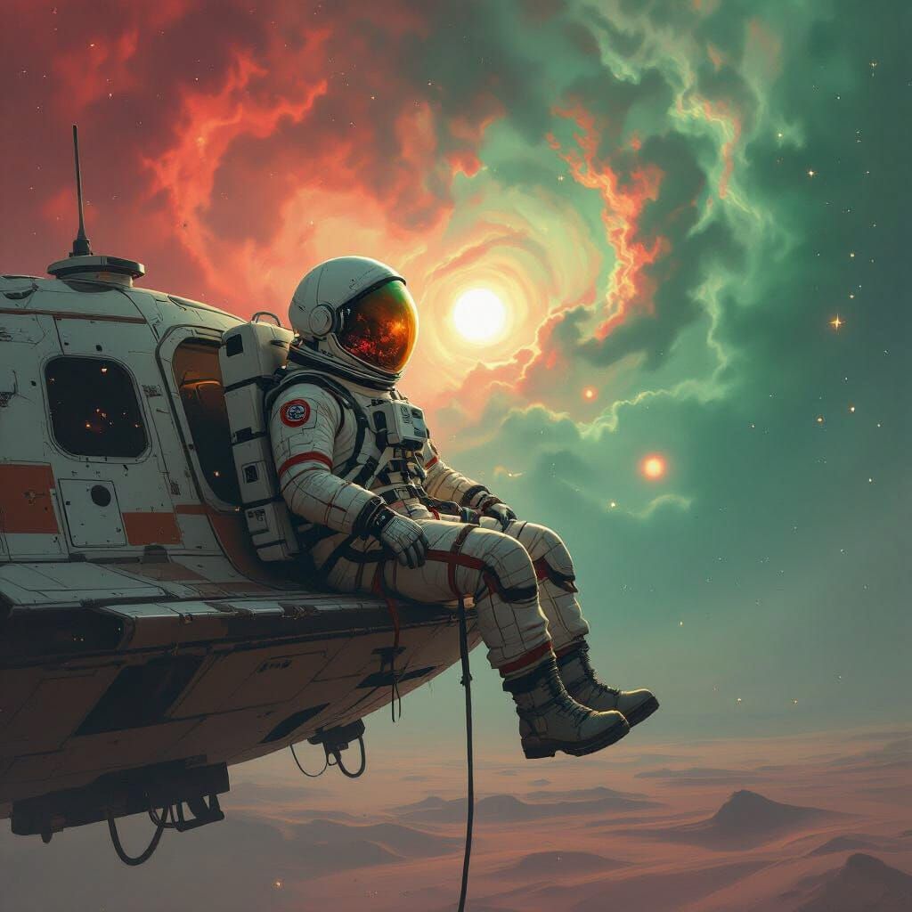 Astronaut Adrift in Space with Nebula Reflection