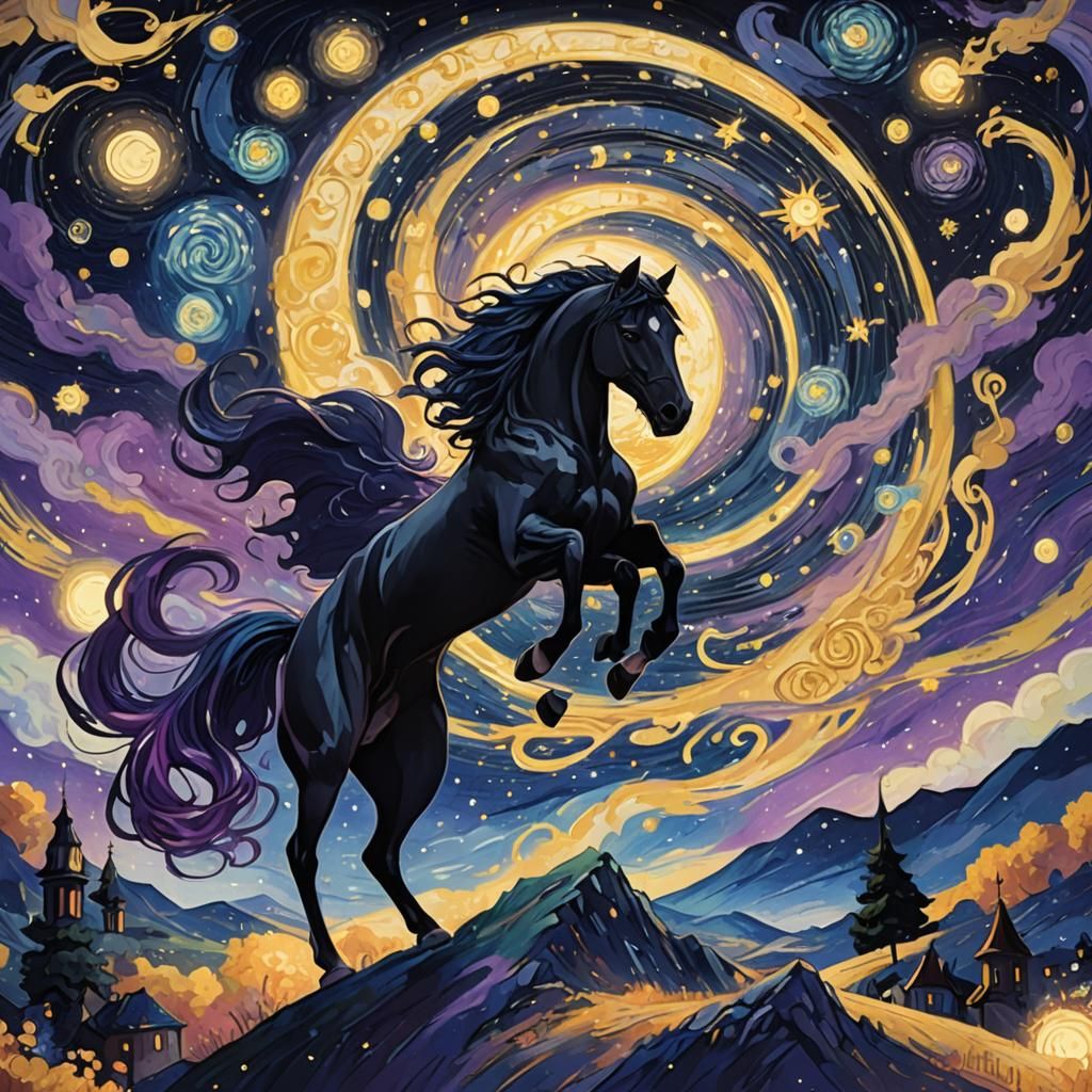 Anime Scene: Black Horse, Cat, and Angel in Starry Night Sty...