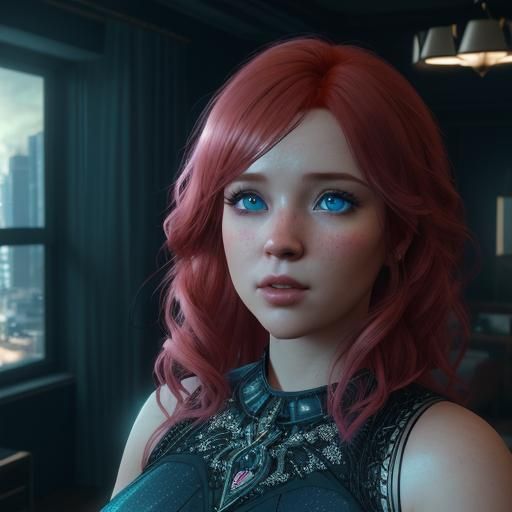 Red-Haired Woman Portrait with Aurora Nebula Background