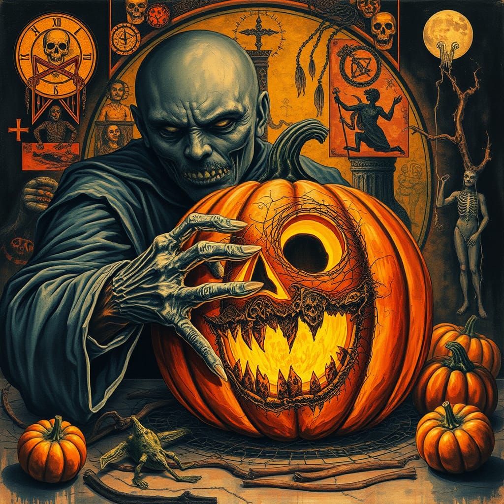 Eerie Pumpkin Carving in Impasto Watercolor Style