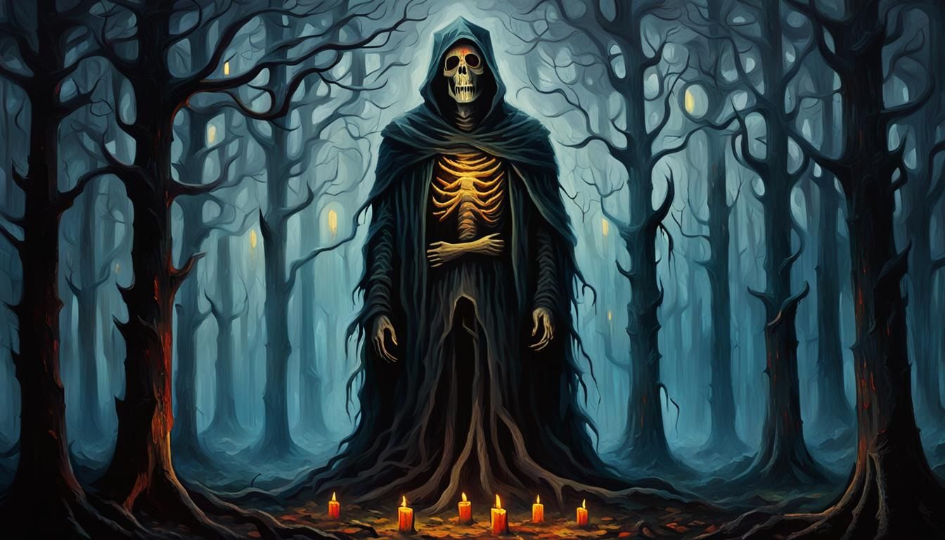 Death in Misty Forest: Surreal Oil Painting