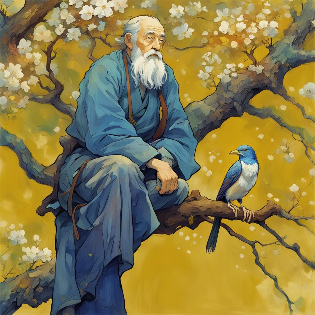 Bird-Man in Tree with Blossoms, Anime Key Visual