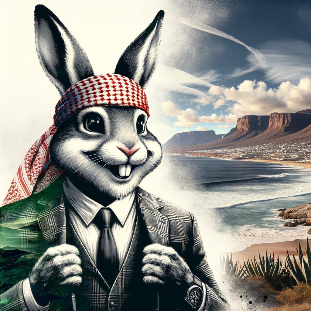 Confident Rabbit in Keffiyeh: Coastal Double Exposure