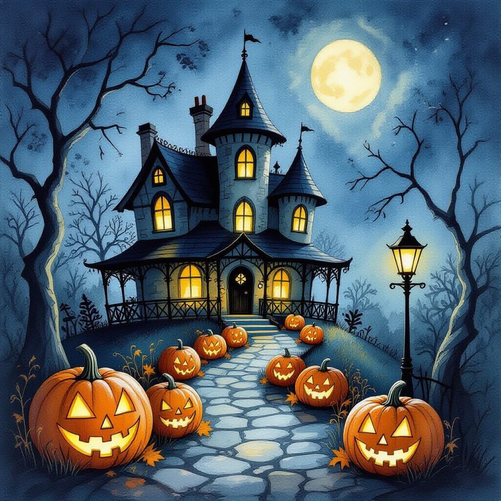 Haunted Mysterious Manor at Night with Pumpkins, Watercolor ...