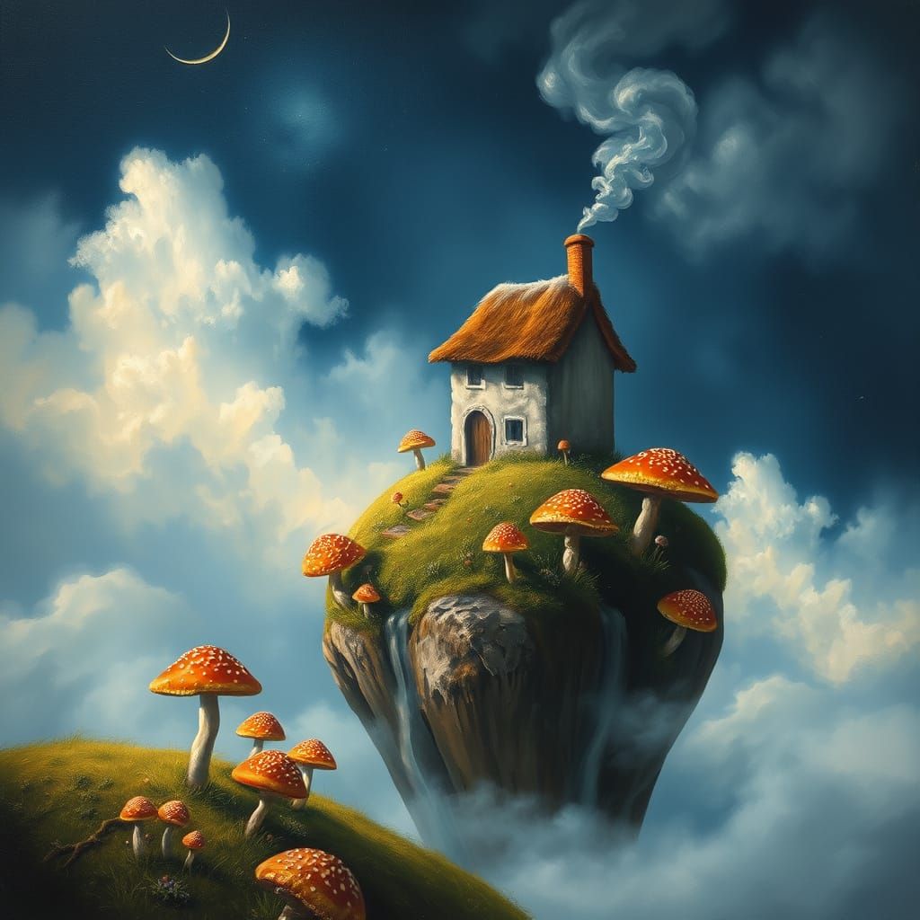 Dreamy Mushroom Island Cottage in Baroque Oil Style