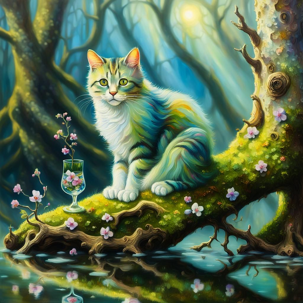 Glass Cat with Flowers: Surrealist Oil Painting