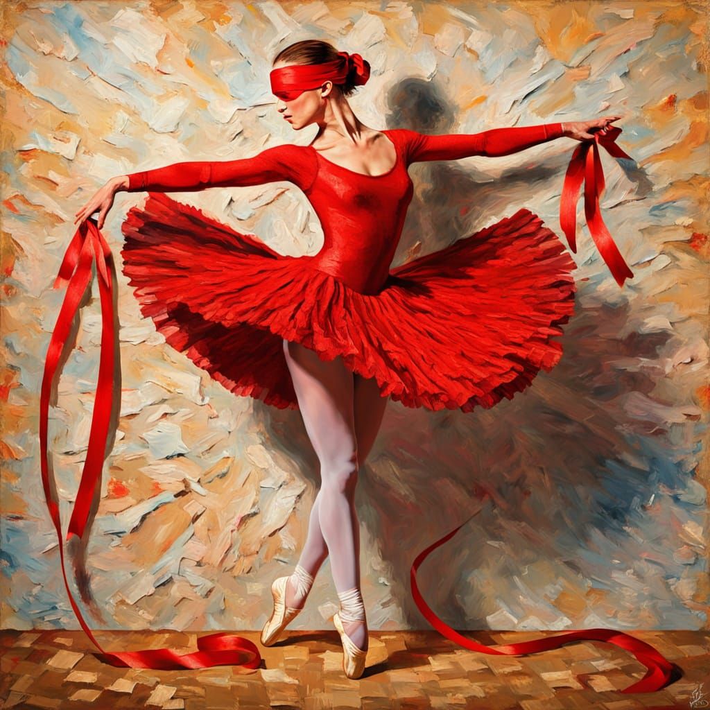Ballerina Blindfolded in Red Ribbon, Impasto Style