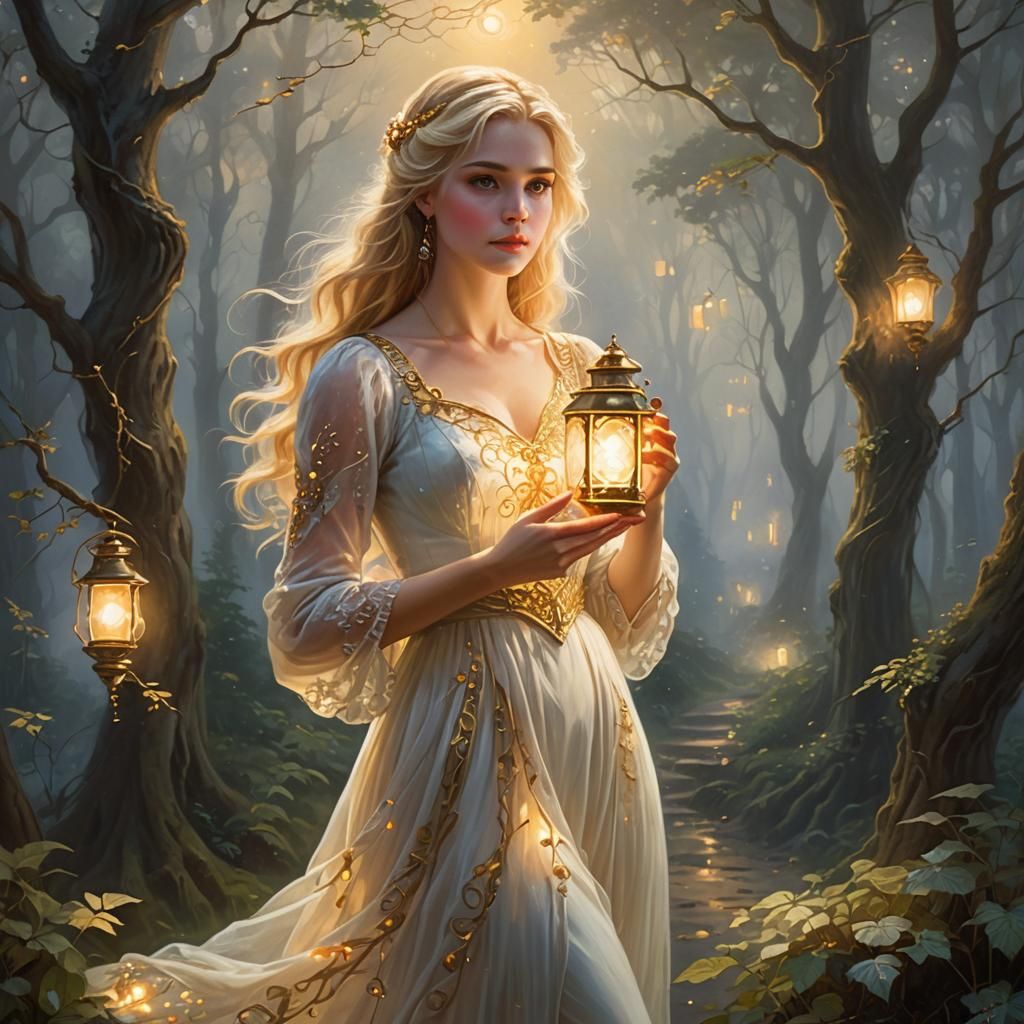 Ethereal Blonde Lady with Lantern in Misty Forest