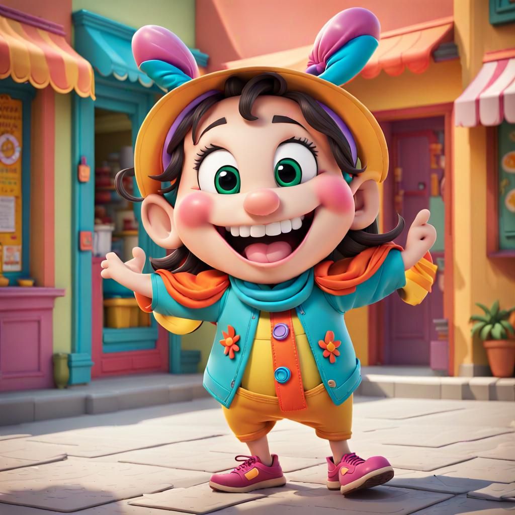 A  lively cartoon character, bursting with vibrant energy, r...