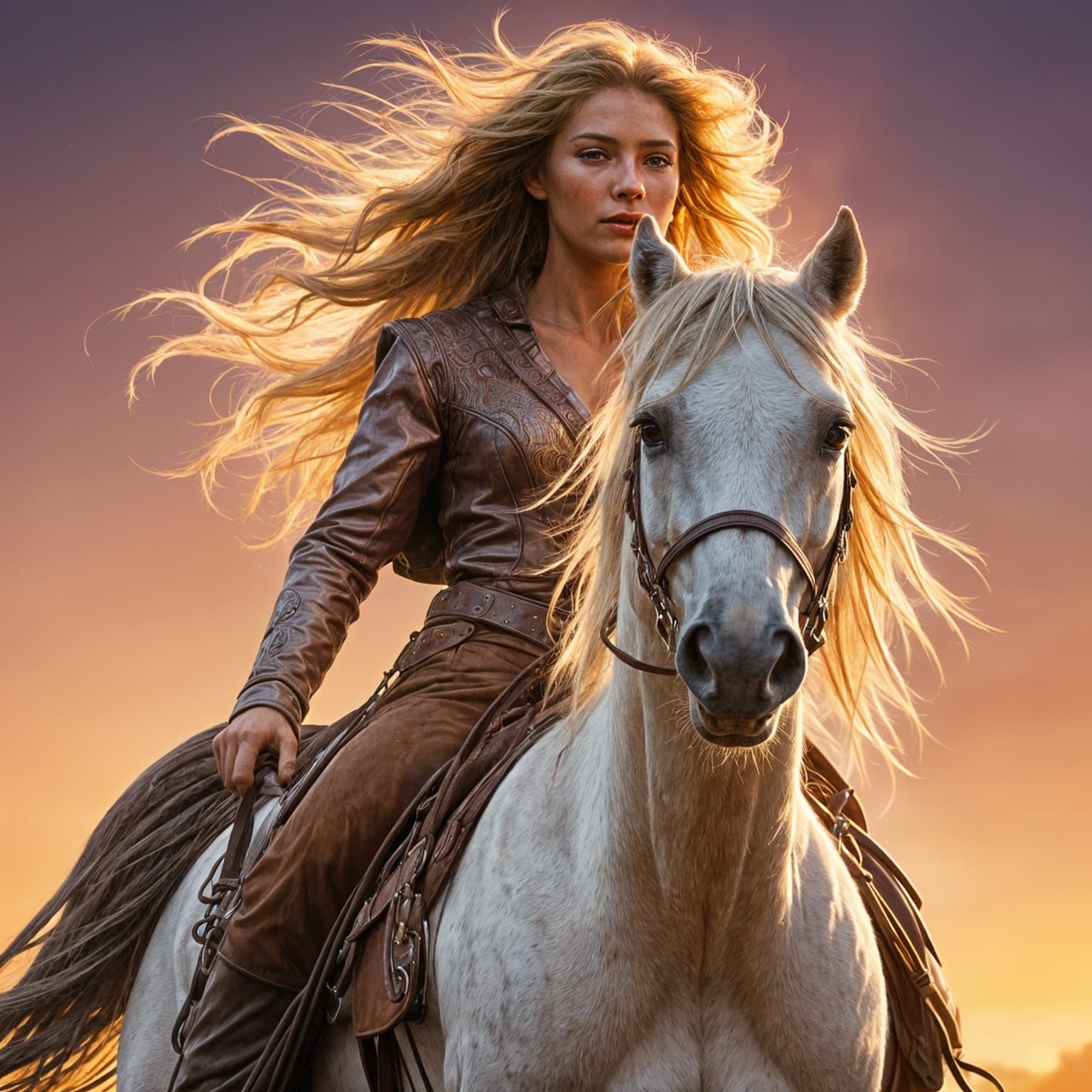 Cowgirl Riding into Sunset in Hyperrealistic Concept Art Sty...