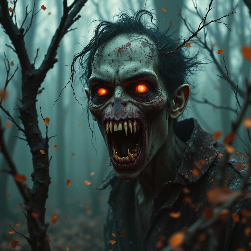 Eerie Zombie Face in Misty Woods