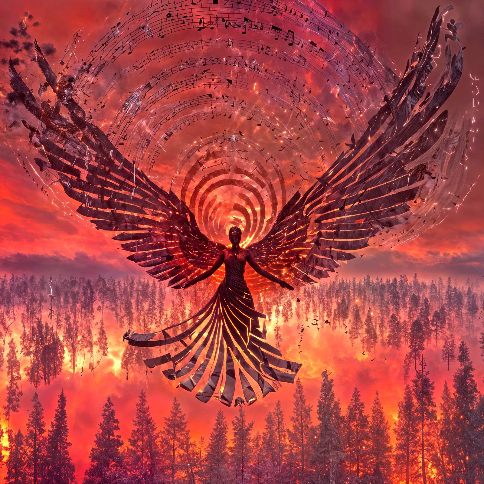 Musical Angel Sculpture in Sunset Lightning Storm