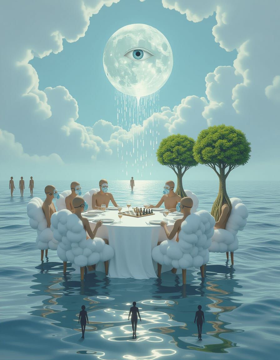 Surreal Dreamscape: Floating Table with Cloud Chairs and Che...