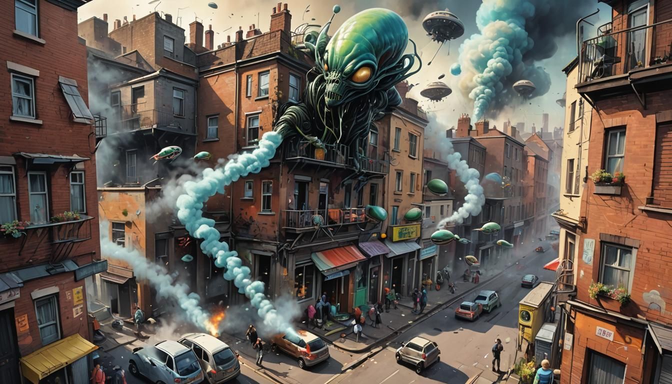 Alien Invasion of British Village in Graffiti Style